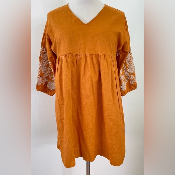 Madewell | Linen Blend | Embroidered Sleeve Popover Dress | Caramel | Women’s S - Picture 1 of 8
